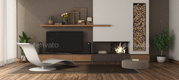 Modern Living Room With Fireplace And Tv Set Stock Photo By Archideaphoto   Fireplace TV 02 12 19 